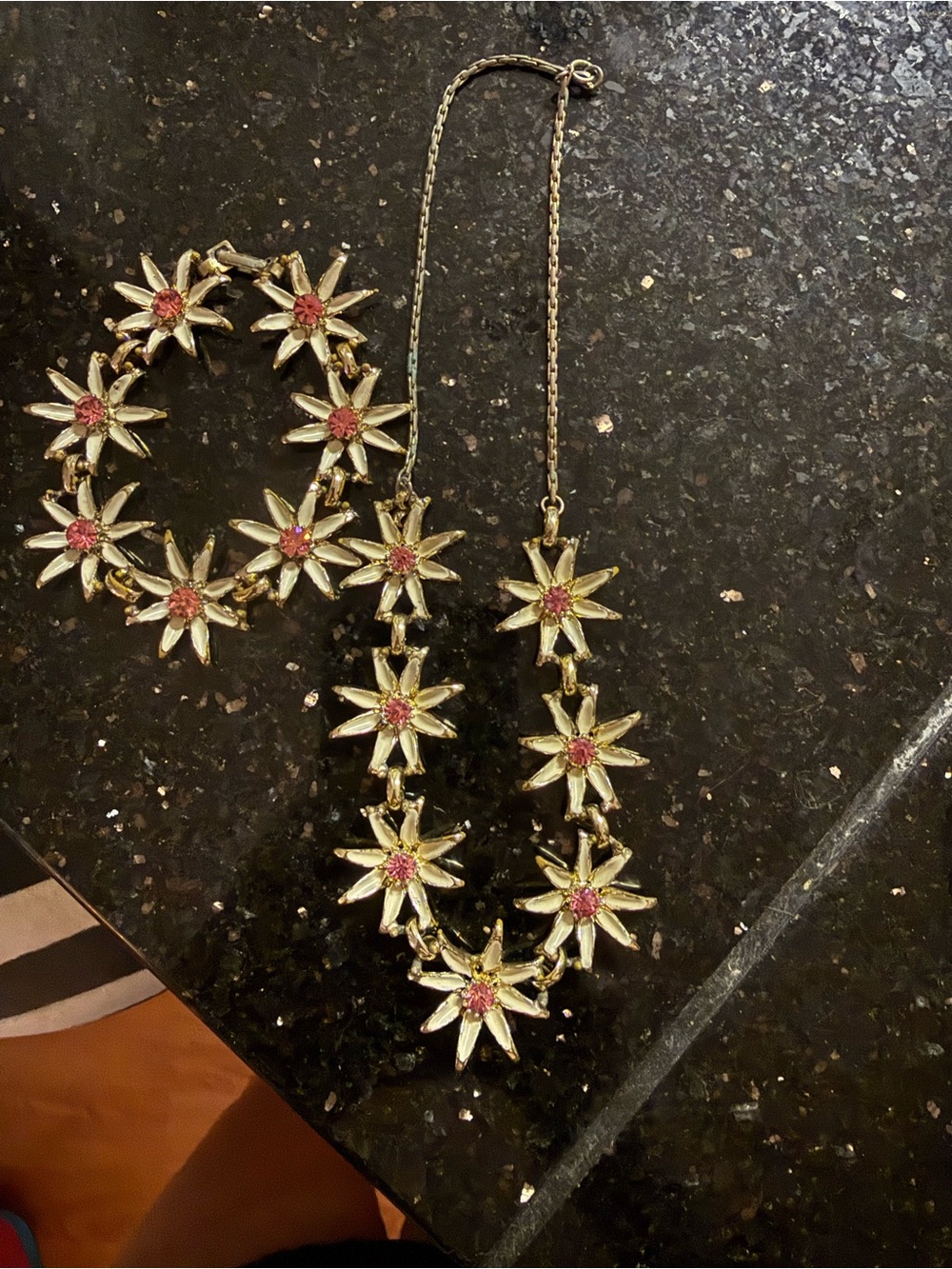Gold Floral Necklace with Pink Crystal Centers and Bracelet